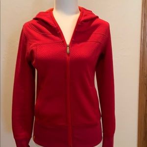 Red Lole hooded zip front sweatshirt.